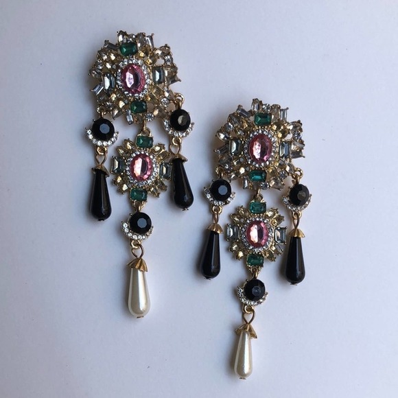 Jewelry - Chandelier Statement Earrings with Faux Gems, Pearls, and Diamonds